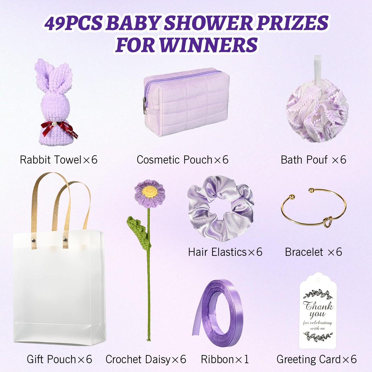 Yuzhrao 6 Sets Baby Shower Prizes for Winners Baby Shower Favors Gift Set including Towels Makeup Bags Bracelets Crocheted Daisies Headbands party favors for Guests and Games