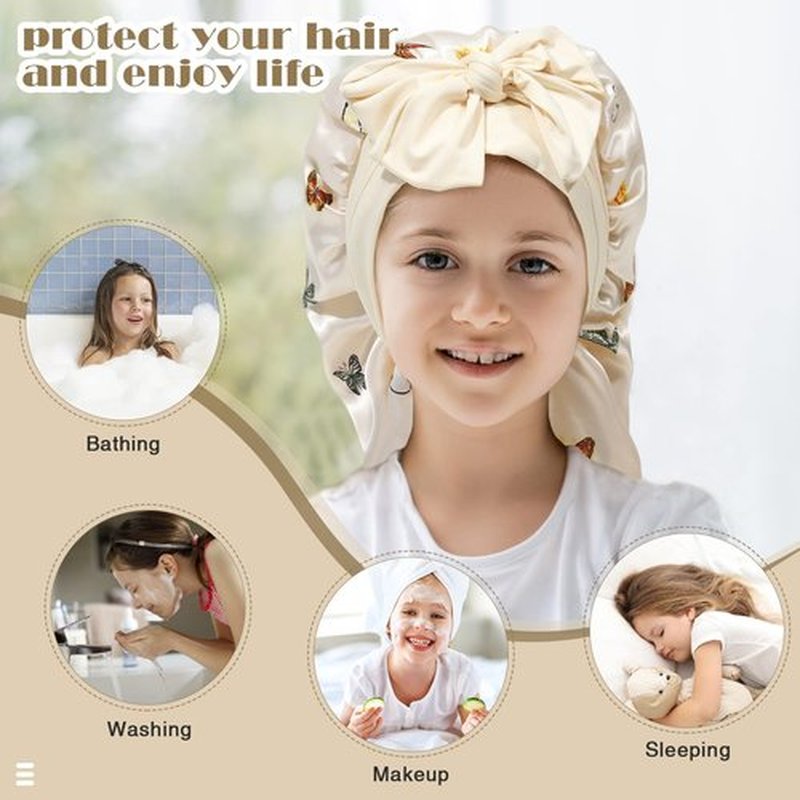 Kids Long Hair Bonnet for Sleeping - Double Layer Girls Elastic Satin Bonnet with Tie Band for Braid Curly Hair (Butterfly+Beige)