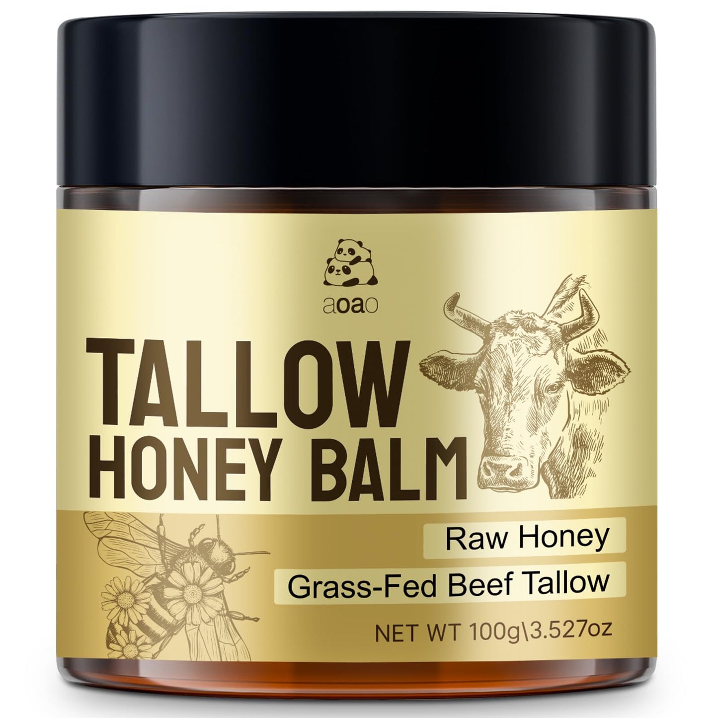 AOAO Tallow Honey Balm for Face & Body, Moisturizer with Organic Grass-Fed Beef Tallow & Raw Wild Honey, Not Diluted, Natural Hydration, Soothes & Nourishes Dry, Sensitive skin, 3.53oz