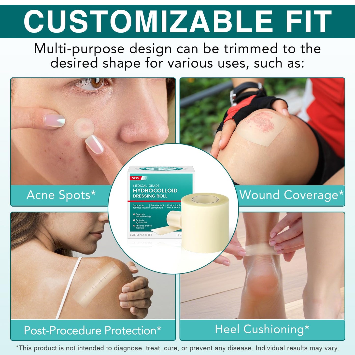 Hydrocolloid Bandages, Medical Grade Hydrocolloid Roll for Wound Care, Waterproof & Flexible Wound Dressing Roll, Extra Large Hydrocolloid Patch Bandages with Self-Adhesive-2in*11.8ft
