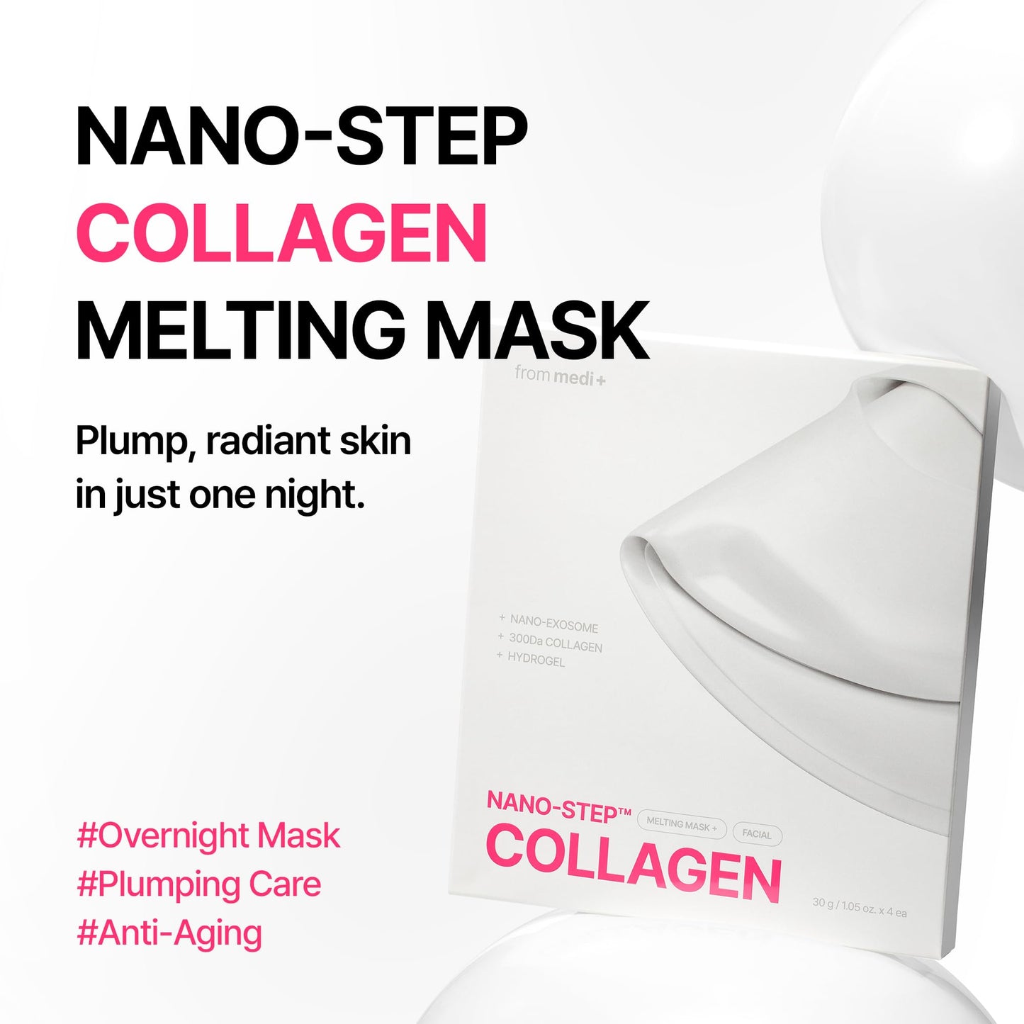 from medi+ Nano Step Collagen Melting Mask, Hydrating Overnight Hydrogel Mask, Glass Skin, Skin Firming & Radiance Boost, Plumping Improvement, Korean Skin Care, Gifts for Women, 4ea