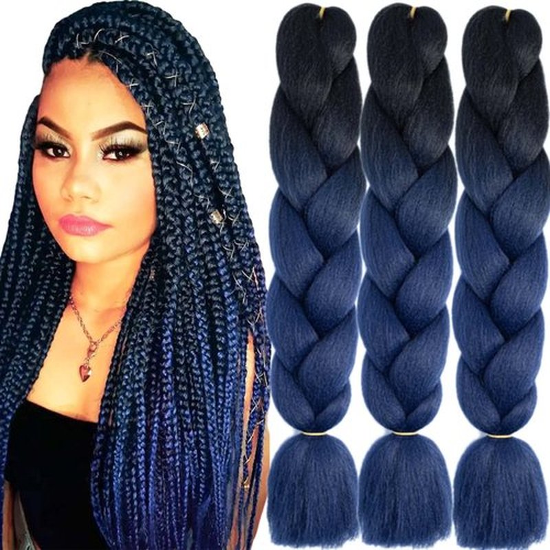 TENGSHUO FLY Black to Dark Blue Braiding Hair 3 Packs Synthetic Braid Hair Extensions Jumbo Ombre Braiding Hair 24"or Box Braids Twist Crochet Braids(24"3Pack,Black to Dark Blue)