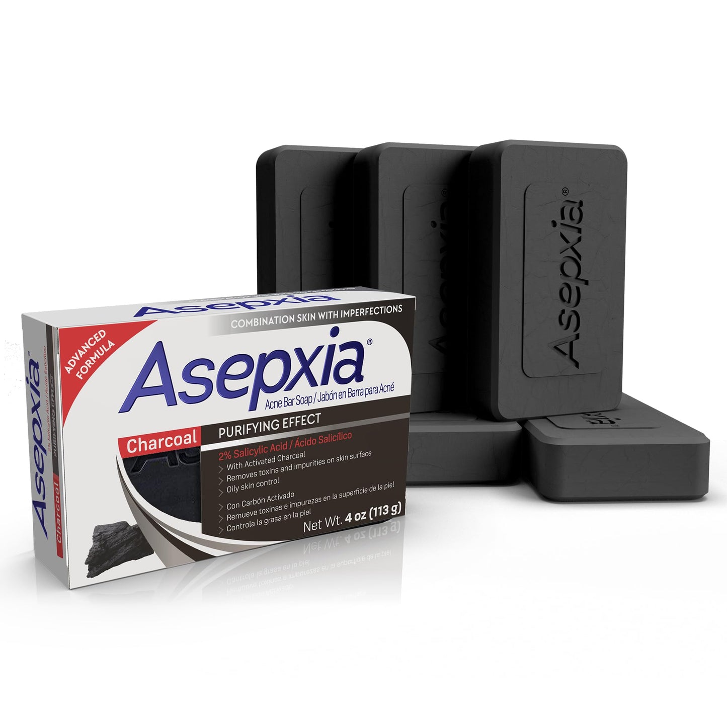 Asepxia Salicylic Acid & Activated Charcoal Bar Soap | Acne Treatment, Reduces Pimples & Blemishes, Deep Cleansing Facial Cleanser, Dries Out Acne, Prevents Breakouts, Face wash, 4 Oz, 5-Pack