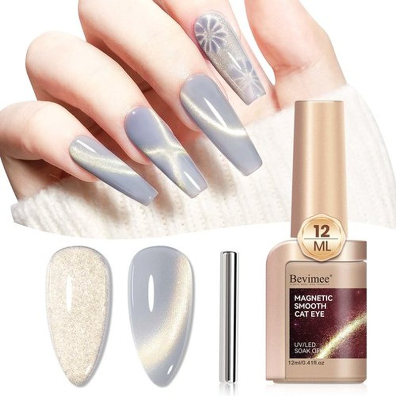 Bevimee Silver Cat Eye Gel Nail Polish, Magnetic Gel Polish Glitter Holographic Nail Polish With Magnet Gold Shimmer Cateye Effect, UV Velvet Gel Nail Art Manicure Salon DIY Home, 12ML