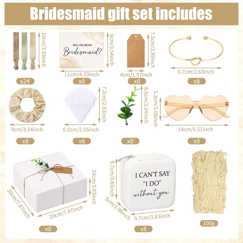 Fingertip WD 81 Pcs Bridesmaid Proposal Gift Jewelry Box Including Bridesmaid Bridal Hairband Sunglasses Powder Puff Bridesmaid Cards Gift Box for Wedding Champagne