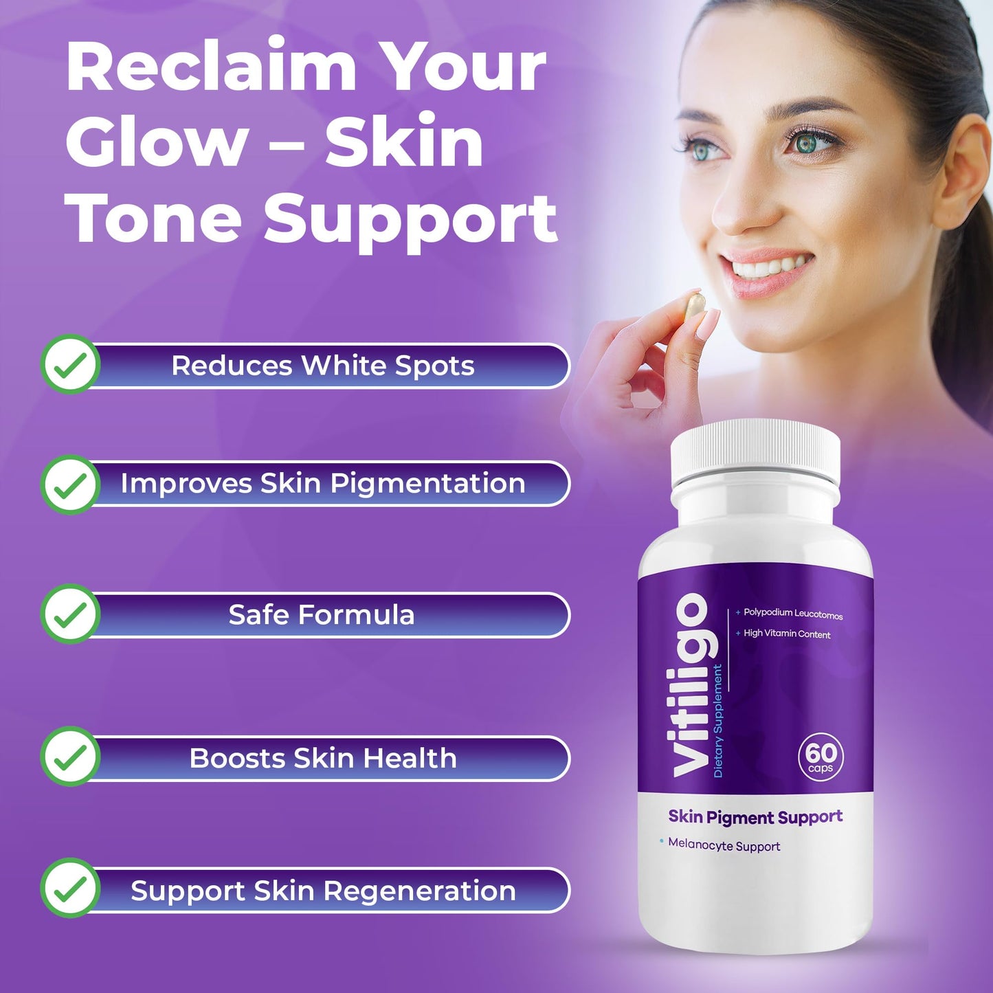 AURA VITAMINS - Vitiligo Capsules 60 Count | 1 Month | Improve Skin Pigmentation Support and Reduce White Spots | Effective Vitiligo Supplement | Natural Solution for White Spots on Skin. (1)