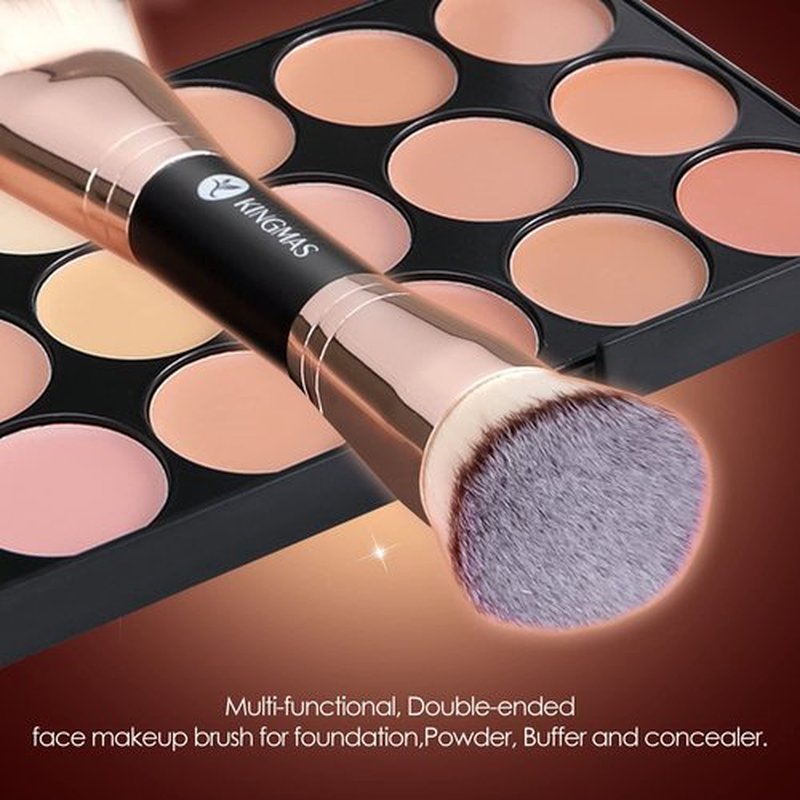 KINGMAS Foundation Makeup Brush, Premium Kabuki Brush, Double-Ended Contour Brush (Flat/Angled Round Top) for Blending Liquid Powder Concealer Cream Blush Makeup Brush