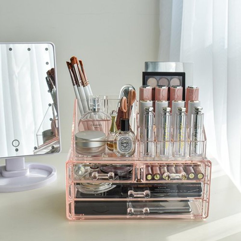 Ikee Design Pink Jewelry & Cosmetic Storage Display Boxes Two Pieces Set, Organizer Makeup Holder, for Vanity