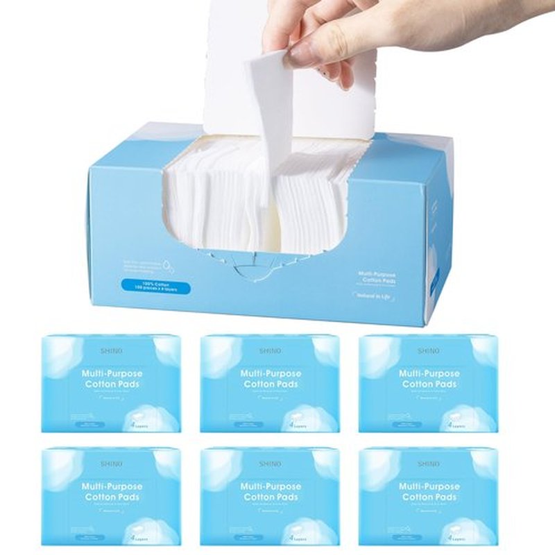 SHINO Multi Purpose Cotton Pads for Face, 4-Layer Cotton Pads Makeup Remover 100% Cotton Chemical Free Biodegradable 2" x 3" Sensitive Skincare Pads (6 Pack)