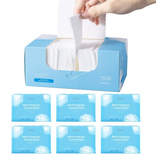 SHINO Multi Purpose Cotton Pads for Face, 4-Layer Cotton Pads Makeup Remover 100% Cotton Chemical Free Biodegradable 2" x 3" Sensitive Skincare Pads (6 Pack)