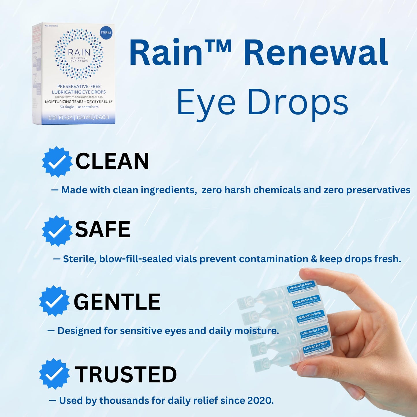 Rain - Preservative Free Eye Drops – More Natural Eye Drops for Dry Eye Relief – Proprietary Formula Relieves Dry, Itchy Eyes – Take Back Your Eye Comfort