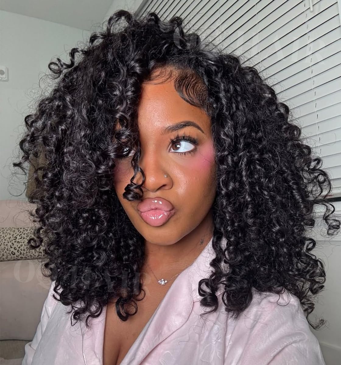 OQ HAIR Burmese Curly Half Wig Human Hair Beginner Friendly 3 In 1 Seamless Flip Over Headband Wig 180% Density Glueless Elastic Drawstring Wear and Go Wig for Women 22 Inch