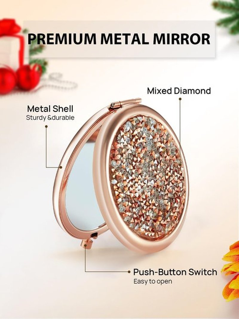 Getinbulk Compact Mirror for Purse, Double-Sided 1X/2X Magnifying Round Metal Pocket Makeup Mirrors(Rose Gold, Mix Diamond)