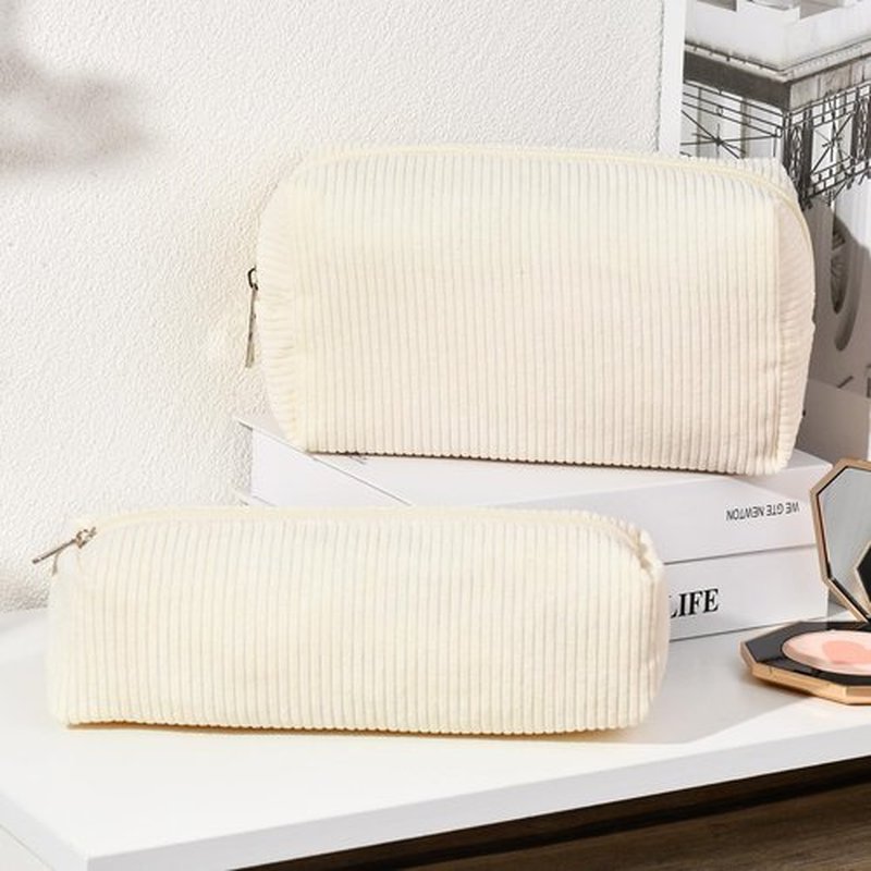 SOIDRAM Makeup Bag Corduroy Cosmetic Bag Cute White Makeup Pouch 1Pcs Large Capacity Makeup Bags and 1Pcs Makeup Brushes Storage Bag Travel Toiletry Bag Organizer
