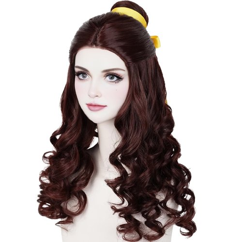Prestyled Brown Belle Wig for Women + Yellow Ribbon + Detachable Bun, 60cm Long Brown Wavy Hair Wig with Wig Cap for Halloween Costume Cosplay
