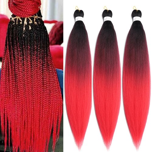 Pre Stretched Braiding Hair 26 Inch 3packs High Temperature Synthetic Fiber Braiding Hair Pre Stretched Hot Water Setting for Braids Soft Yaki Texture (26inch,Black-Burgundy-Red)