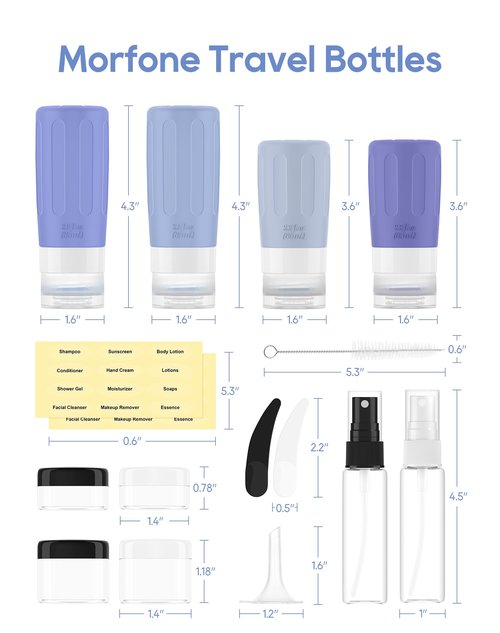 Morfone 16 Pack Silicone Travel Bottles Set for Toiletries TSA Approved Travel Containers Leakproof Squeezable Refillable Accessories 2oz 3oz for Shampoo Conditioner Lotion Liquids(Blue)