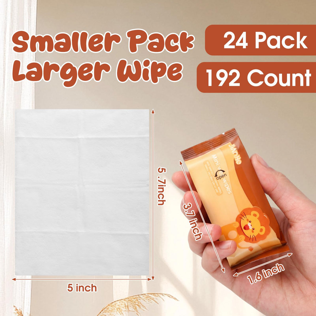 Threlaco 192 Pcs Travel Size Flushable Wipes Skin Friendly Hand Wet Wipes with Natural Extracts Unscented Alcohol Free for Travel Adults Baby Children (Lion)