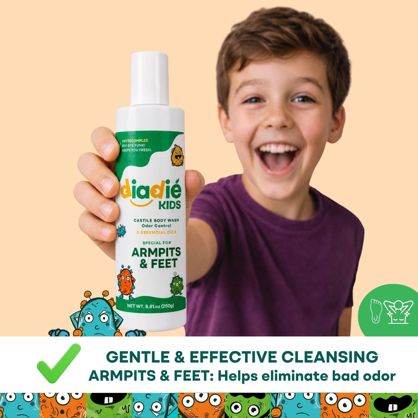 Diadié Kids Natural Castile Liquid Body Odor Soap/Wash, For Armpits, Boys or Girls, Made With 5 Essential Oils, 8.81 oz, 1 Pack