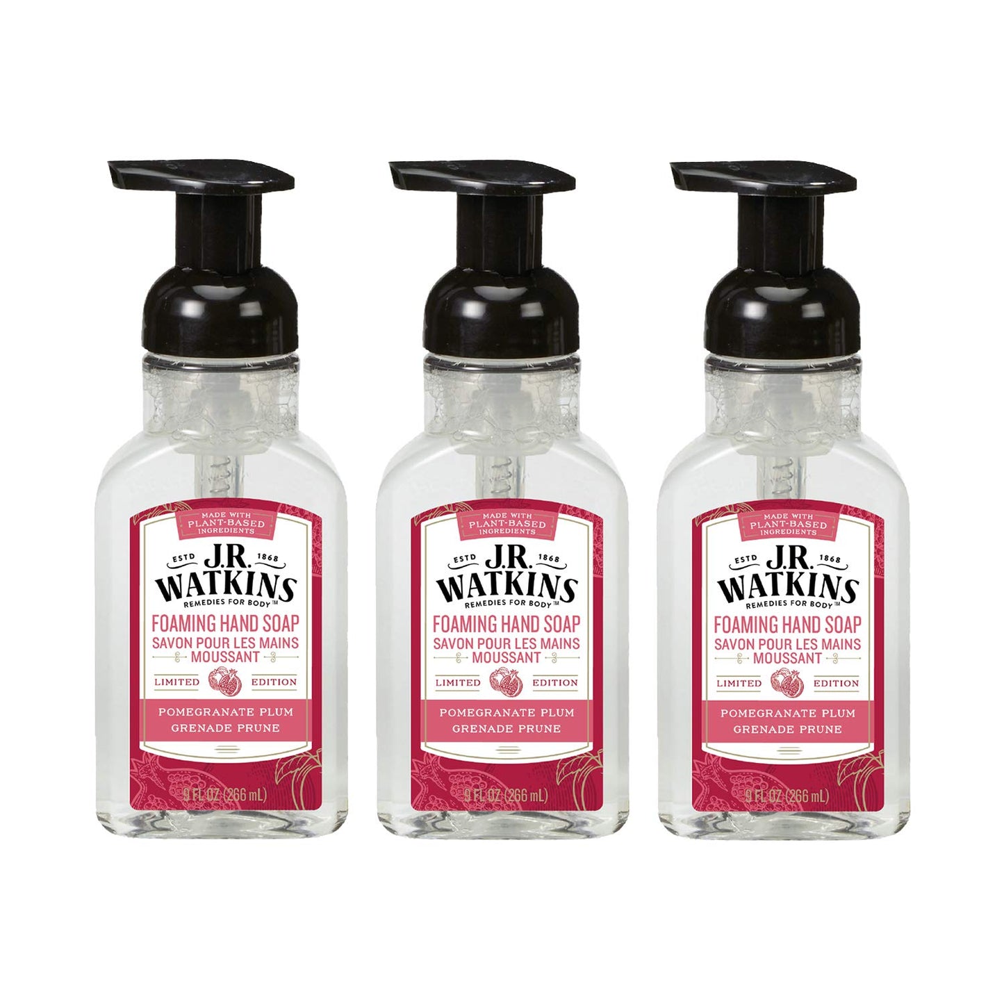 J.R. Watkins Foaming Hand Soap with Pump Dispenser, Moisturizing Foam Hand Wash, Alcohol-Free, Cruelty-Free, Pomegranate & Plum, 9 fl oz, 3 Pack