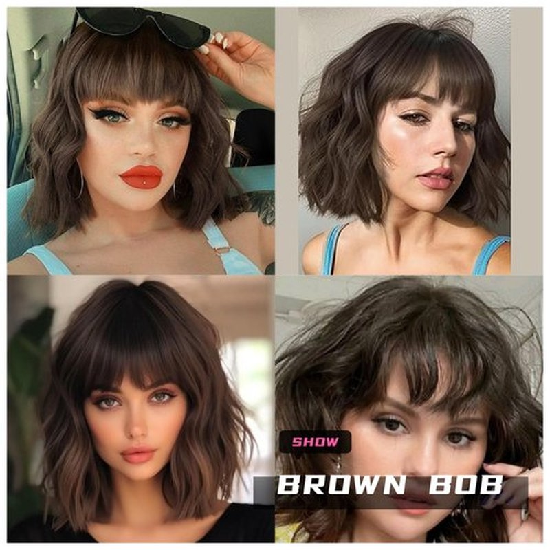 Allbell Brown Wigs for Women Short Wavy Bob Wig with Bangs for Women Synthetic Short Curly Wave Wigs Heat Resistant Fiber Hair Wigs for Daily