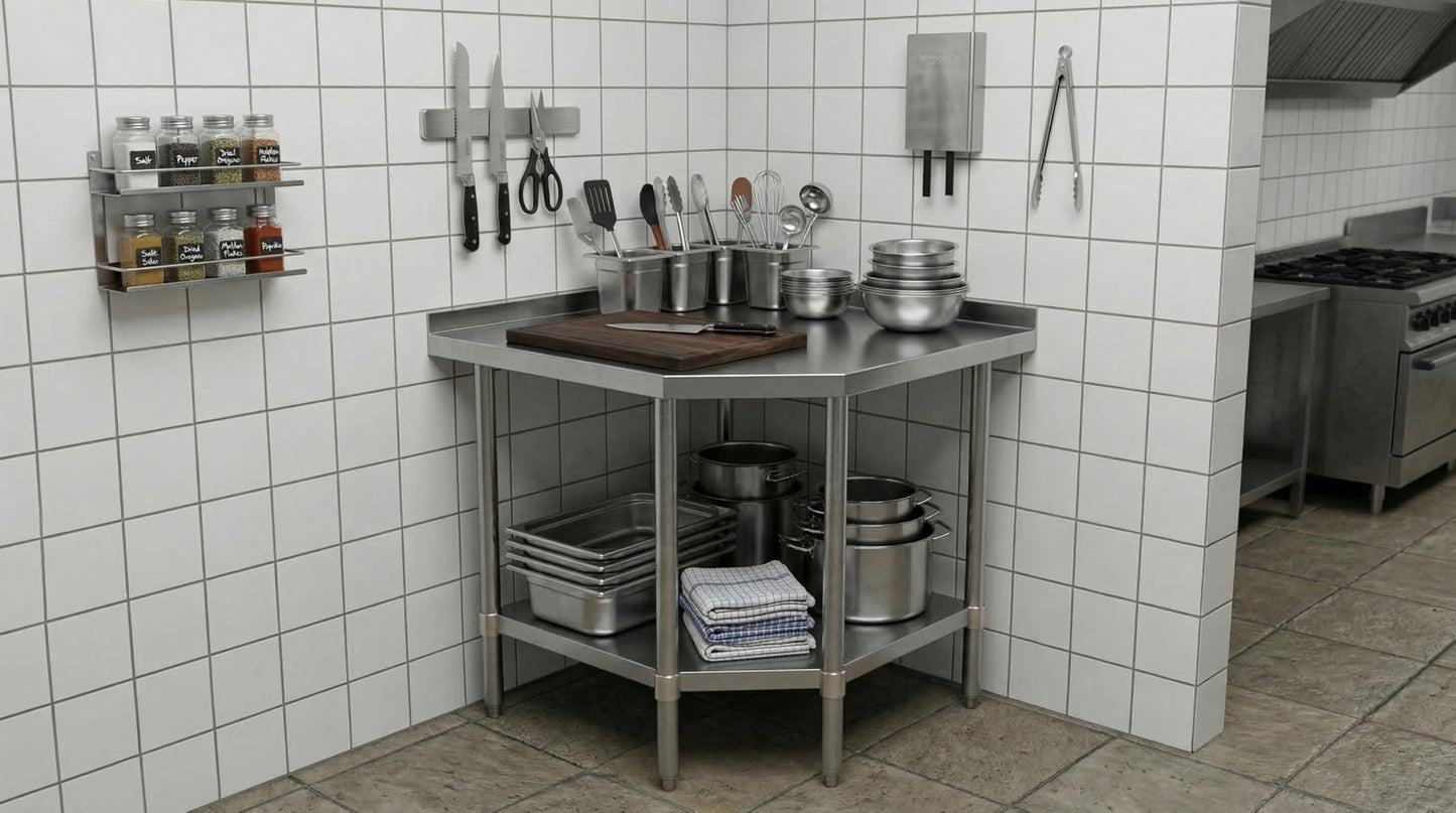 Stainless Steel Corner Work Table 32 in. x 32 in. x 35 in. with 1.5 in. Backsplash, Galvanized Undershelf, 5 Leg Support, Commercial Prep Table for Restaurant Kitchen Utility