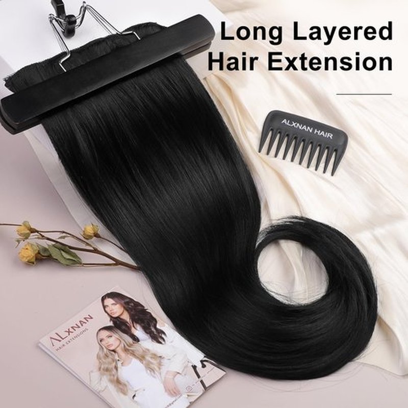 ALXNAN Clip in Hair Extensions, Black Hair Extensions Thick Long Stright Layered Hair Extensions 20 Inch Invisible Lace Weft Hair Extensions for Women