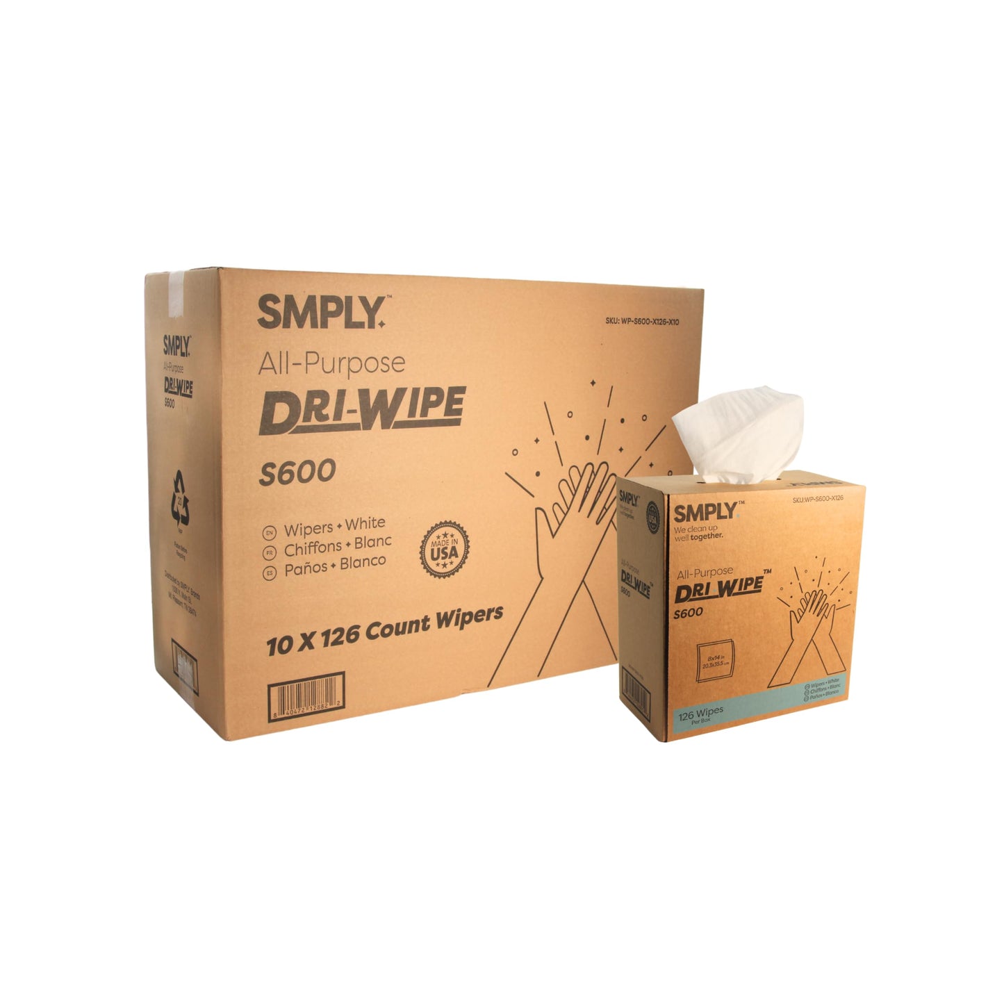 Dri-Wipe S600 by SMPLY Brands – All-Purpose Disposable Wipes, 10 Boxes of 126 (1,260 Total), Strong Alternative to Shop Towels & Paper Towels, 8" x 14" Center-Pull Sheets