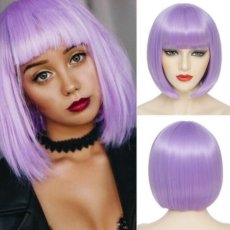 YBYMCAI Purple Bob Wig With Bangs Short Light Purple Bob Wigs For Women Lavender Straight Bob Bangs Wig 10 Inch Heat Resistant Synthetic Hair Natural Looking For Daily