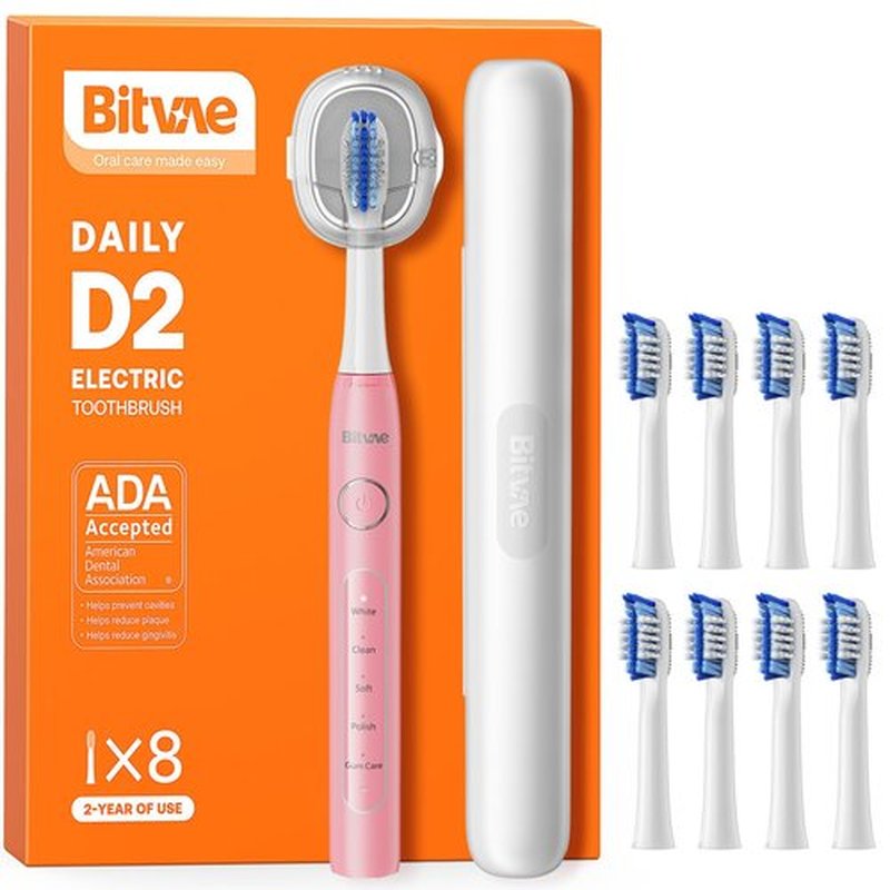Bitvae Ultrasonic Electric Toothbrush - Rechargeable Sonic Electric Toothbrush for Adults and Kids, Power Toothbrush with Holder, 8 Brush Heads, Smart Timer, Fast Charge, Pink D2