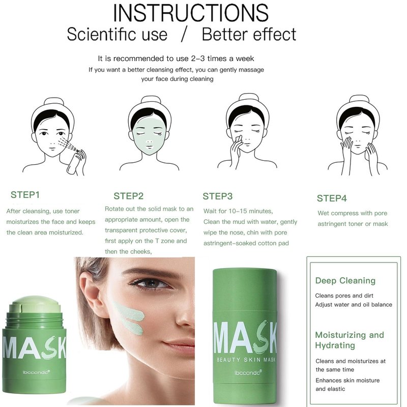 JISKG Green Tea Clay Mask Stick, Blackhead Remover with Green Tea Extract, Deep Pore Cleansing, Moisturizing, Oil Control for Men and Women All Skin.
