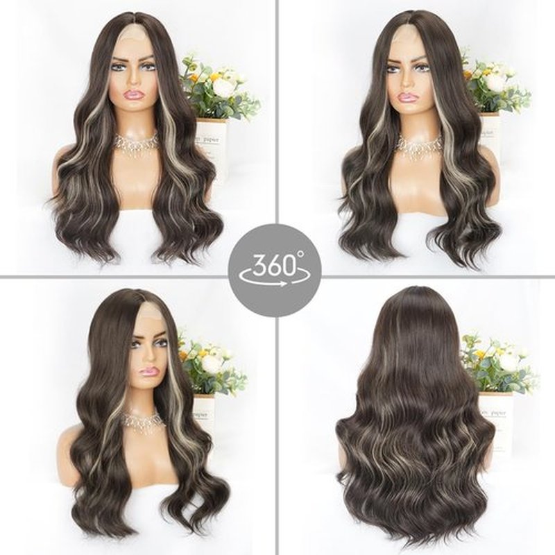 Long Brown Mixed Blonde Wig for Women 24 Inch Brown Wavy Wig Synthetic Middle Part Highlights Color Wigs Natural Looking Heat Resistant Fiber Wig for Daily Party Use (Brown Mixed Blonde)