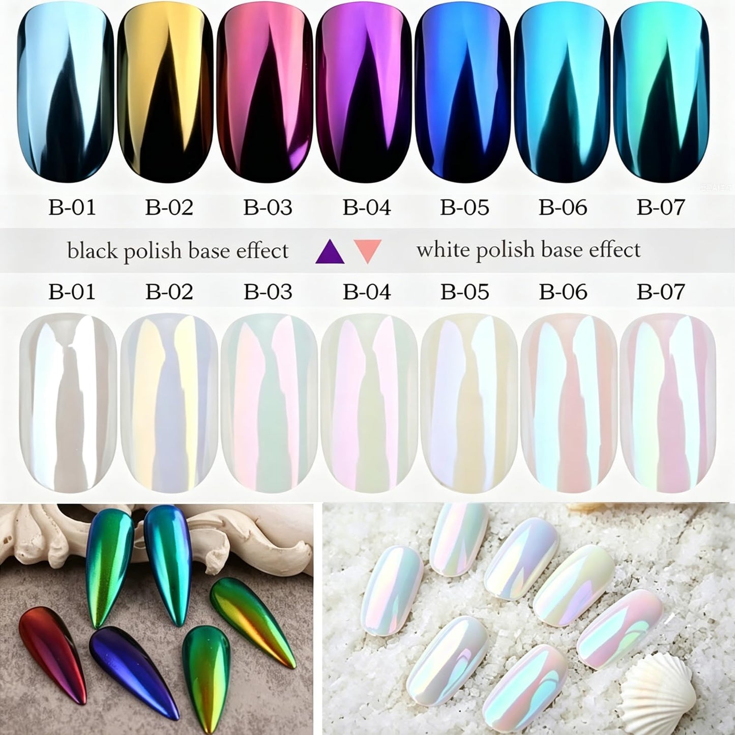7 Colors Chrome Nail Powder Set, Nail Chrome Bulk,White Pearl Iridescent Aurora Metallic Mirror Effect Dip Nail Powder Kit, Gel Polish Holographic Mermaid Pigment, Resin Craft,Nails Art Gift for Women