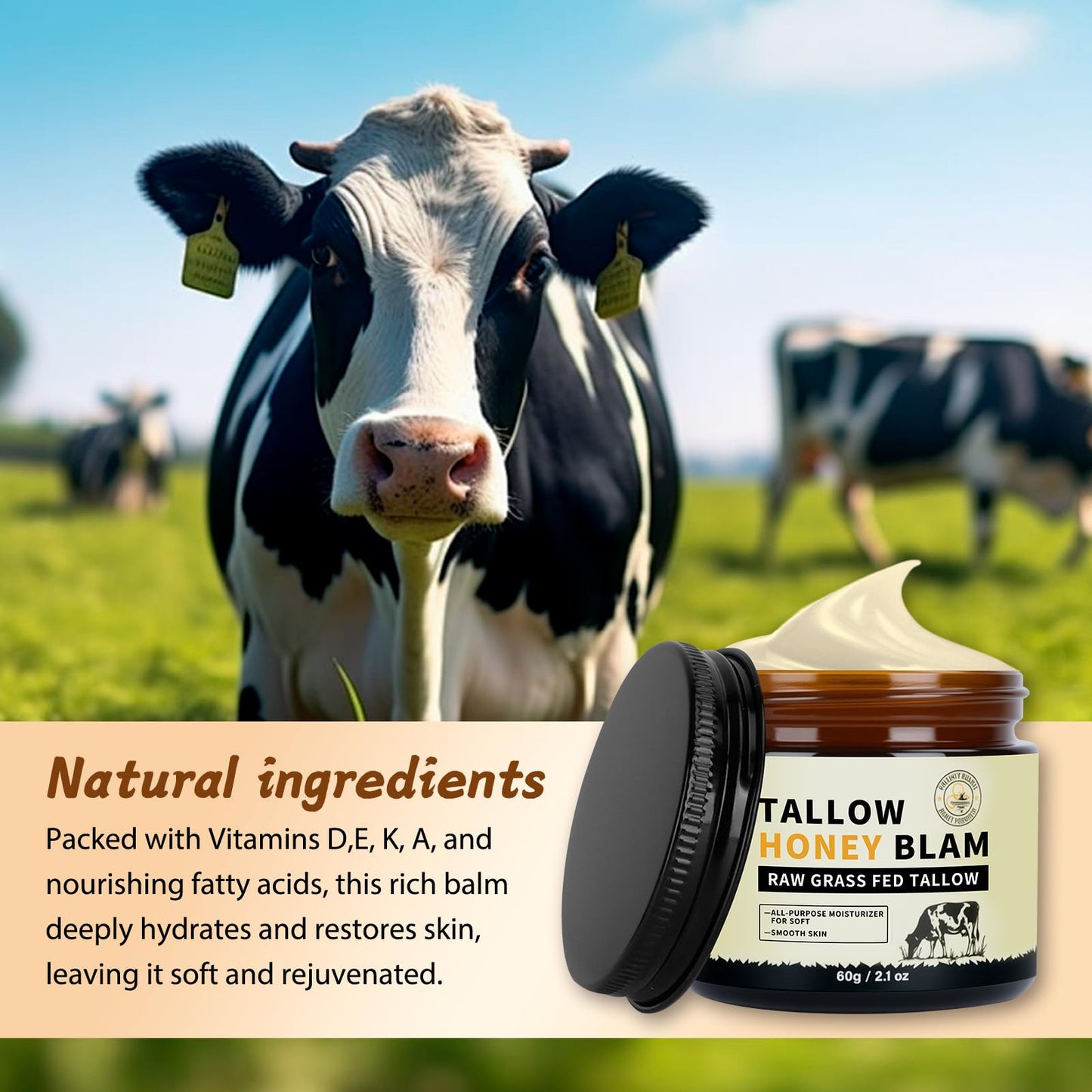 Organic Grass-Fed Beef Tallow Honey Balm, Face Body Moisturizer, Deep Nourishing for Sensitive Acne-Prone Skin 2.1Oz Citrus Breeze