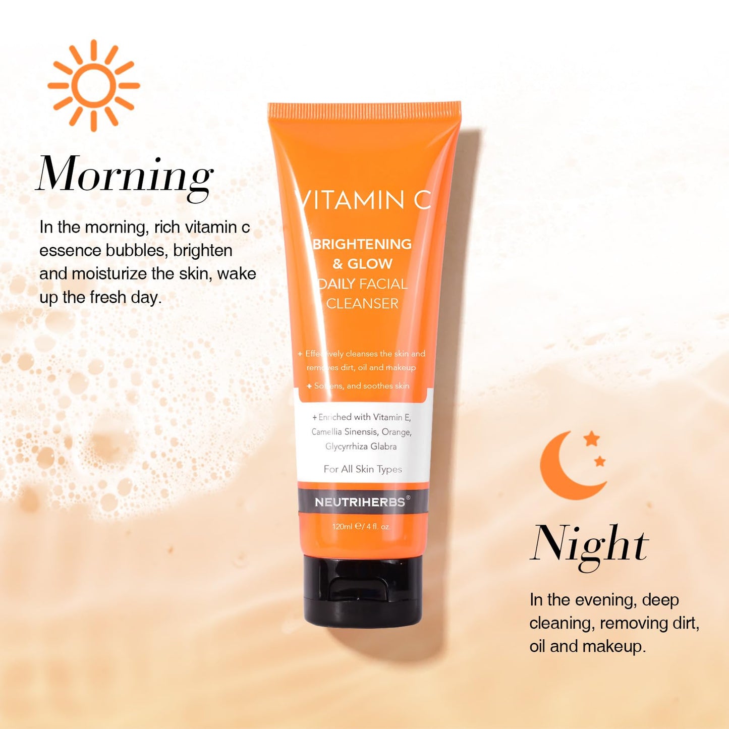 Neutriherbs Vitamin C Face Wash,Daily Facial Cleanser with Aloe & Hyaluronic Acid| Clean,Refresh,Brighten and Balance Complexion| For All Skin Type, 120ml 4 fl. oz
