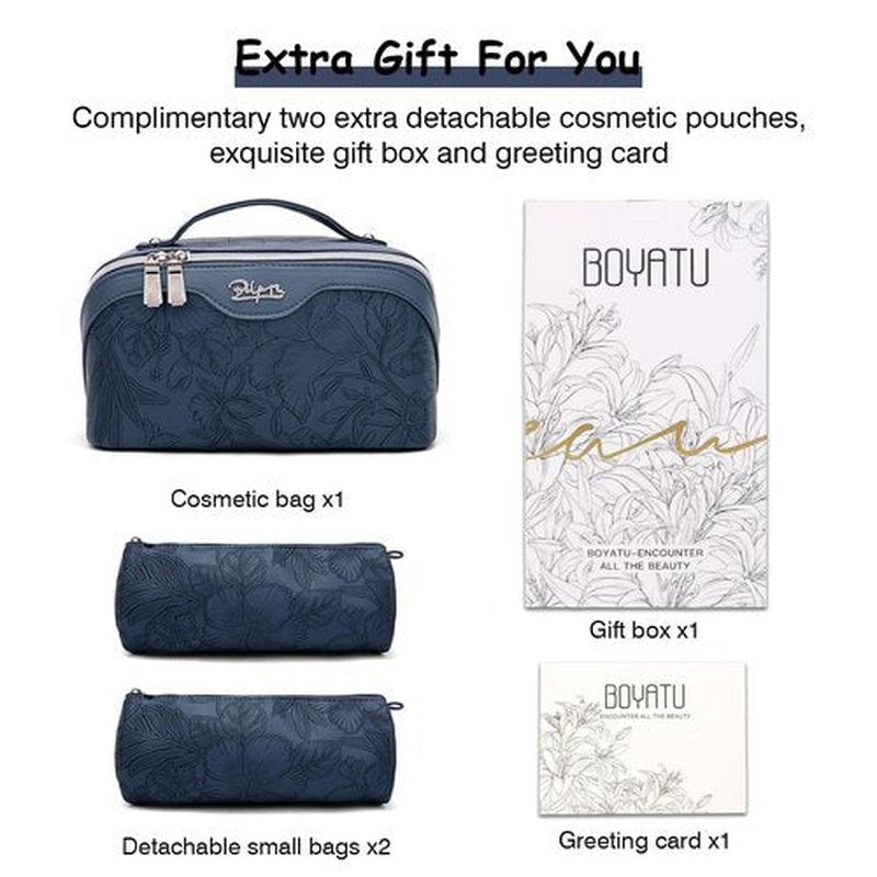 Travel Makeup Bags Cosmetic Organizer Bag: 3-Set Large Capacity Make up Bag - PU Leather Toiletry Bag for Women - Wide Open Portable Pouch with Divider & Handle (02-Dark Blue)