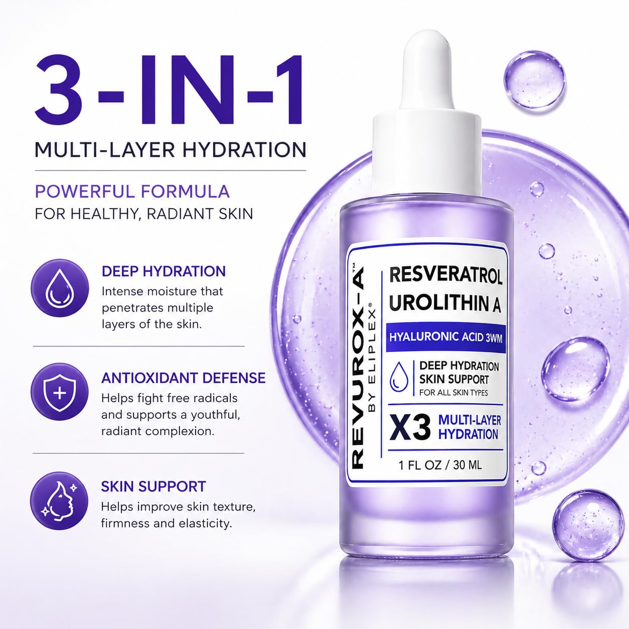 ELIPLEX Resveratrol + Urolithin A Face Serum – Lightweight Hydration & Radiance | 1 fl oz