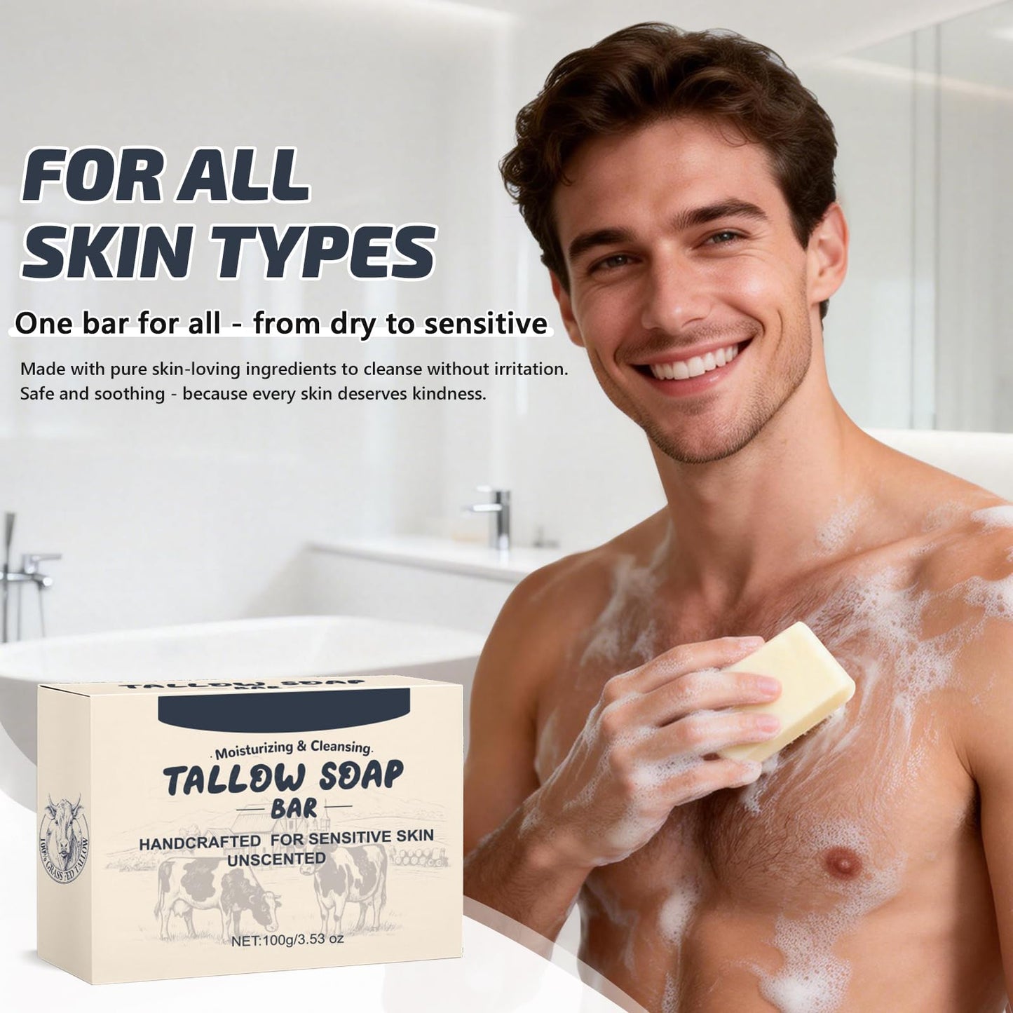 Viugex Beef Tallow Soap Bar, All Natural and Organic Grass Fed Tallow Soap, Moisturizing Face & Body Wash for Dry, Itchy, Sensitive Skin, Deep Cleansing Handmade Bath Soap for Adults, Kids - 1 Pack