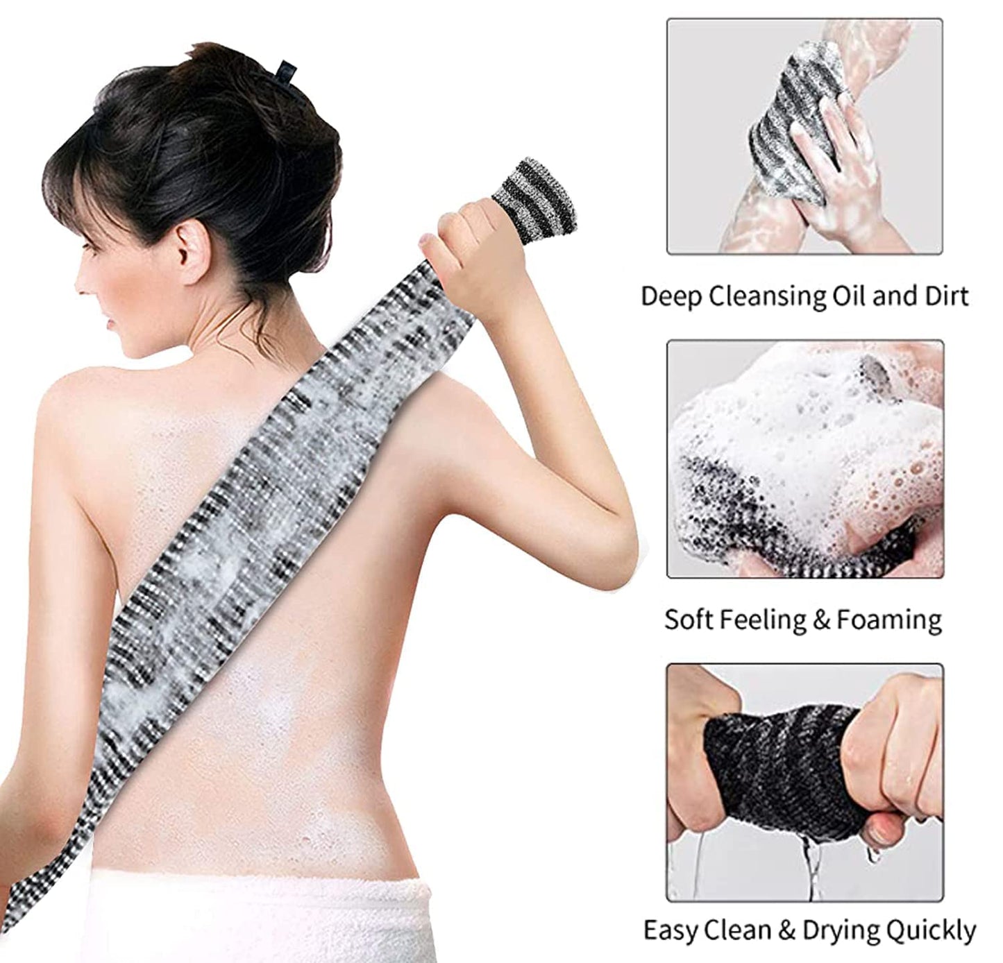 Yiclick Exfoliating Body Scrubber, Back Scrubber for Shower Bath, Japanese Scrub Wash Cloth, Exfoliating Washcloth Towel for Men Women, Body Exfoliator Loofah Luffa Sponge Net Rag Back Washer (Black)