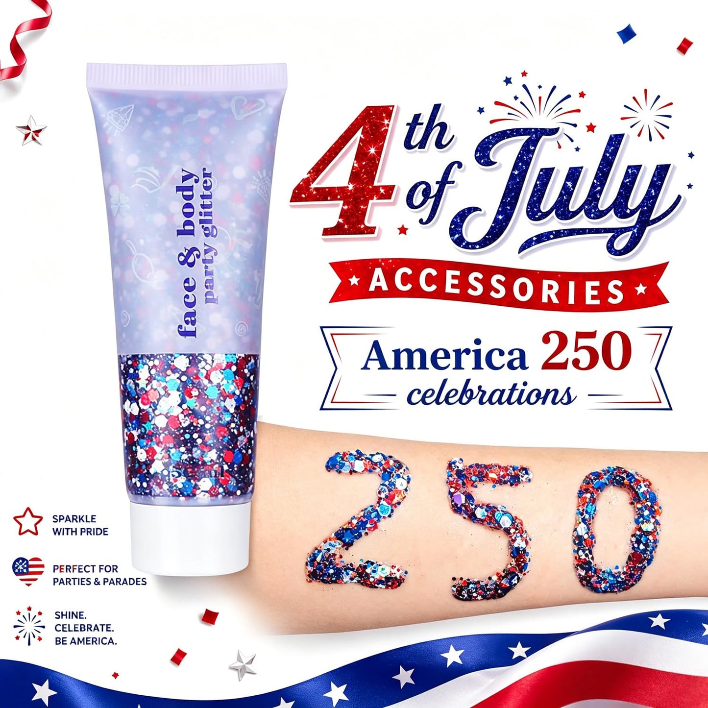 Red White and Blue Body Glitter, 4th of July Glitter Stick, Hair Glitter for Kids, 4th of July Outfits for Women, Self-Adhesive Face Glitter Makeup for Patriotic Independence Day and Veterans Day
