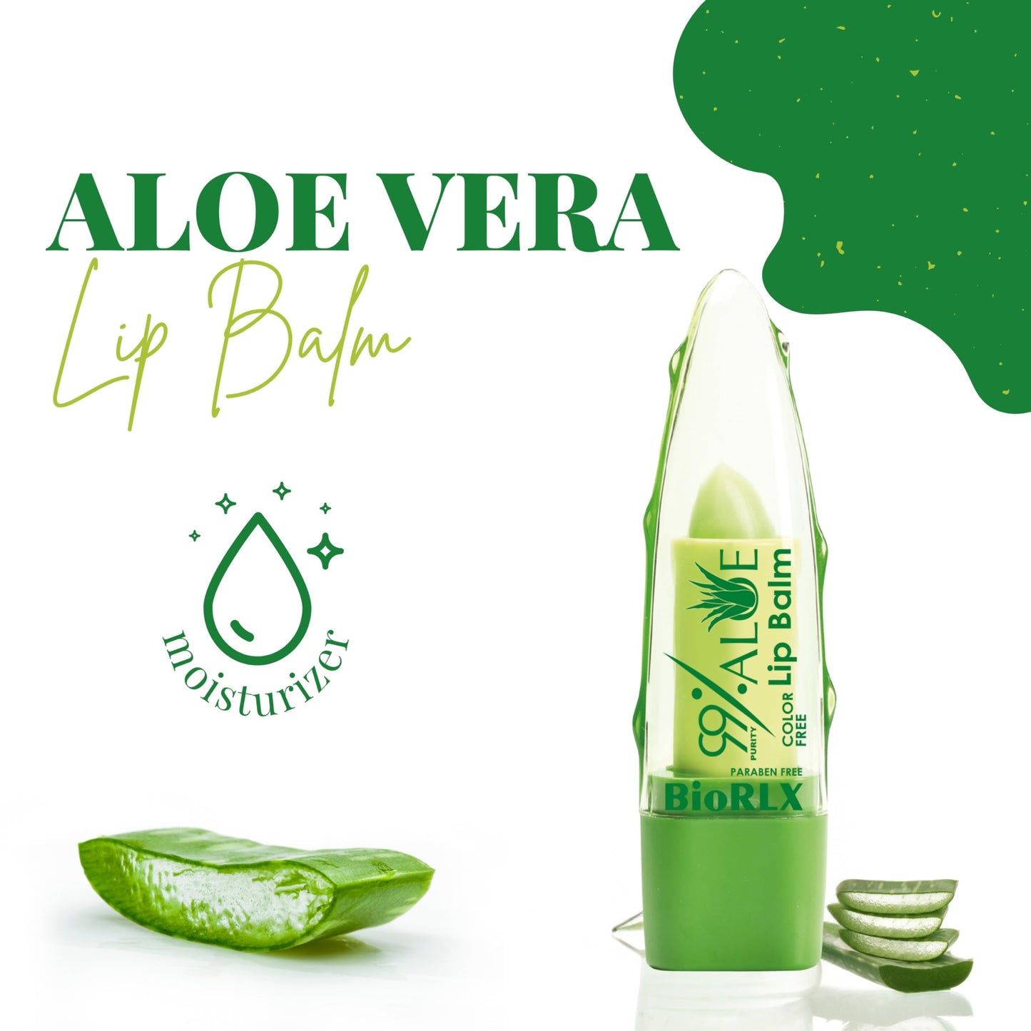 BioRLX 99% Purity Aloe Vera Color-Free Lip Balm - Natural Moisturizing Unisex Lip Care for Hydrated and Radiant Lips (Aloe - Color Free, 0.12 Ounce (Pack of 1))