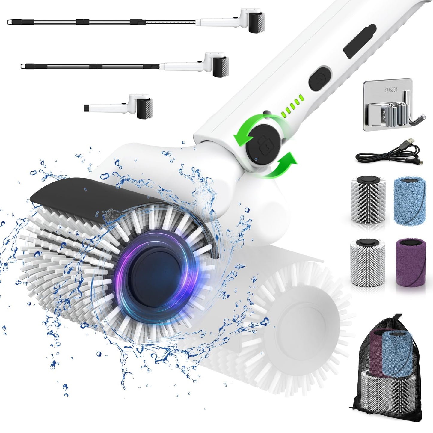 LHPY Electric Spin Scrubber, 2025 New Roller Type IPX7 Waterproof Bathroom Cleaner Brush, Shower Scrubber with Long Handle & 2 Speed, Heads Replacement, Cleaning Supplies for Tub Shower Tile Floor