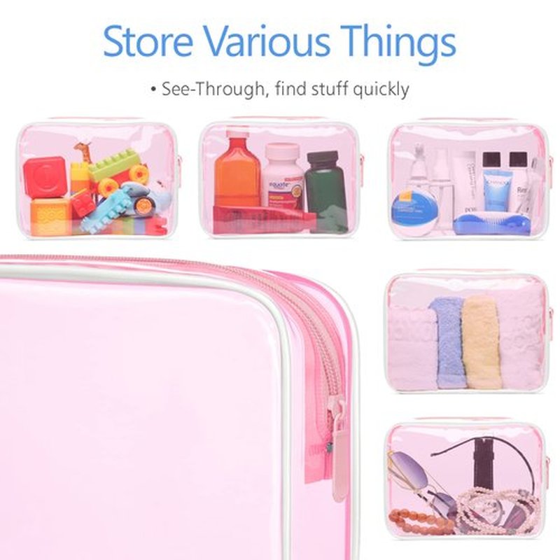 PACKISM Clear Makeup Bags - 3 Pack Tsa Approved Toiletry Bag with Zipper, Water-resistant Clear Cosmetic Bags Fit Travel Essentials, Carry-on Travel Toiletry Bag, Fluorescent Pink