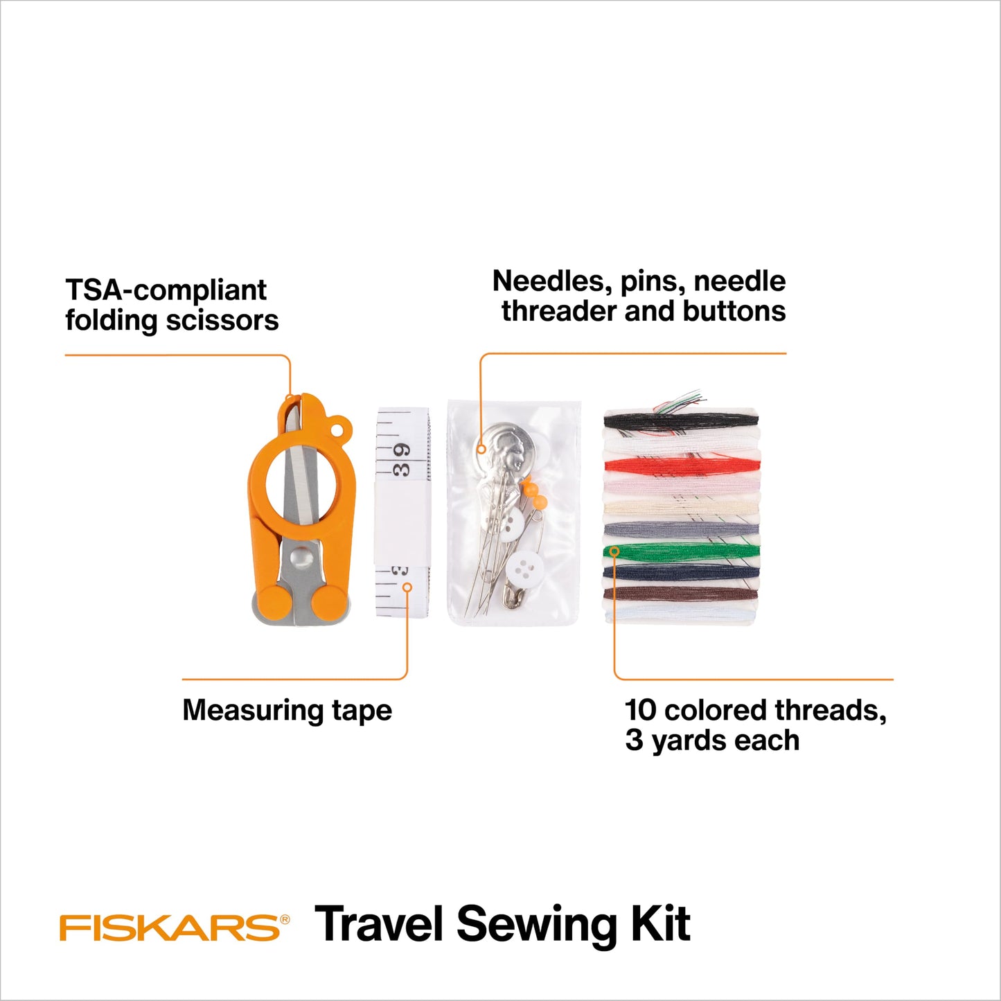 Fiskars Compact Travel Sewing Kit, TSA compliant Folding Scissors, 27-Piece Repair Set for Buttons and Hemming, Threads, Needles, 39” Measuring Tape, Small Size for Purses and Carry on, Orange