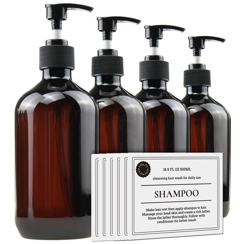 Empty Plastic Bottles with Pump Dispenser and Labels Included, Refillable Travel Containers for Hand sanitizer Shampoo Lotion, etc - BPA/Paraben Free, 500ml/16.9oz (Amber, 4 Pack)