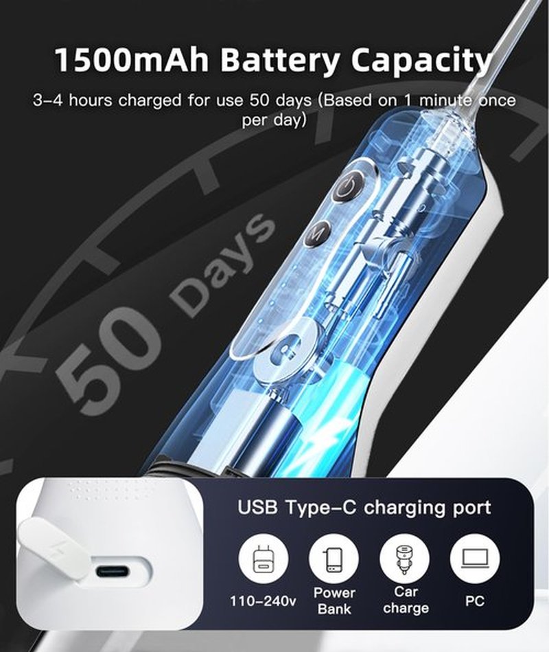 Portable Water Flosser for Teeth Cleaning, 5 Jet Tips, 4 Cleaning Modes, 1500mAh Rechargeable Battery, 260ml Water Tank, IPX7 Waterproof for Braces, Sensitive Teeth & Travel (White)