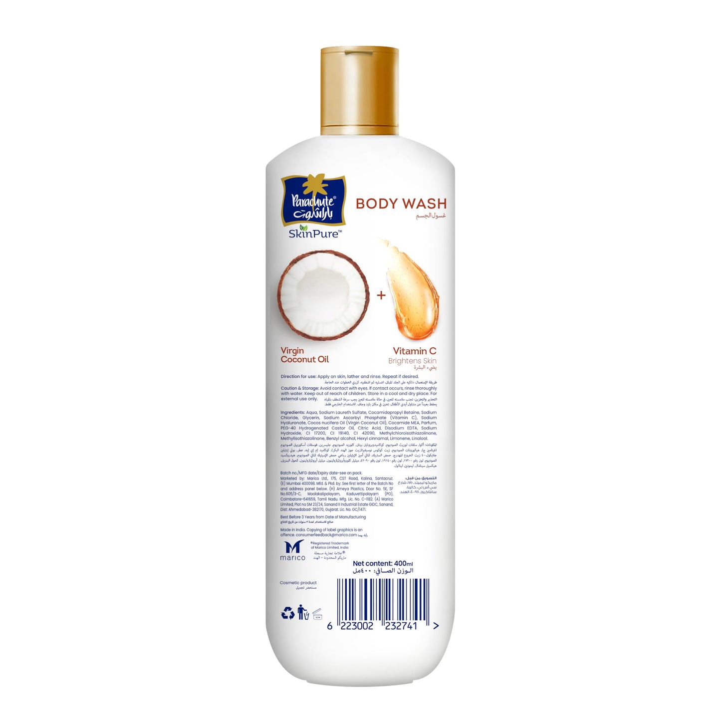 Parachute SKIN PURE BODY WASH HYALURON, Virgin Coconut Oil, Best of Science and Nature, Hydrating Body Wash, Dermatologically Tested, Paraben Free, pH Balanced | 13.52 Floz (Vitamin C)