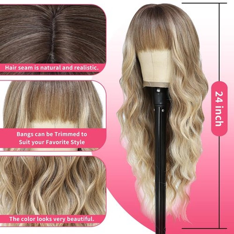 Dirty Blonde Wig With Bangs Long Wavy Curly Ombre Blonde Wig with Dark Roots Wigs For White Women Blonde Wigs With Bangs Synthetic Heat Resistant Wigs for Women Daily Party Use 24inch (Dirty Blonde)