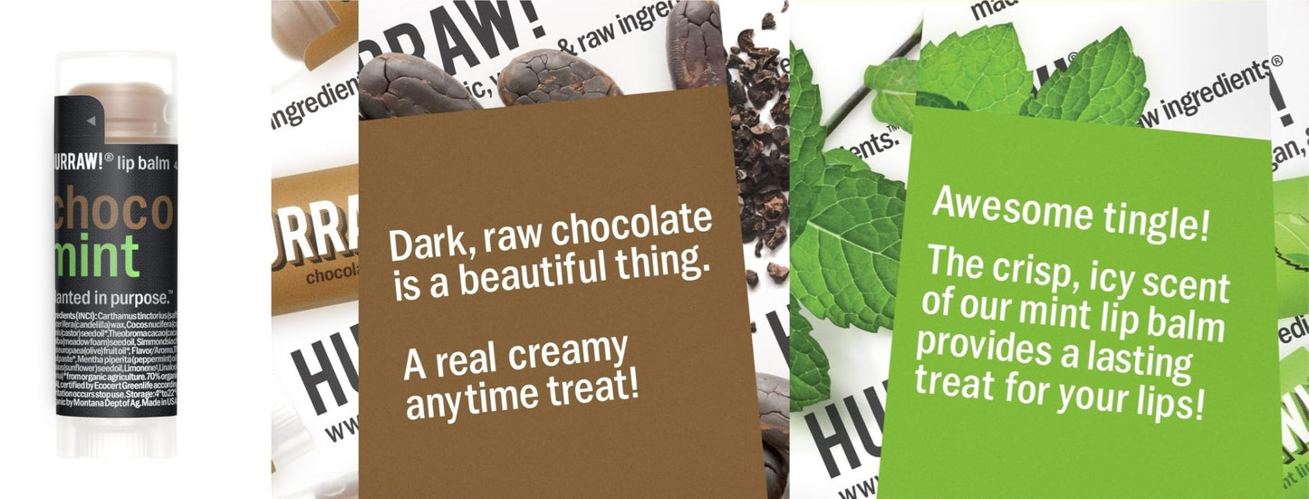 Hurraw! Chocolate & Mint Combo Lip Balm: Choco Mint. Organic, Certified Vegan, Cruelty and Gluten Free. Non-GMO, 100% Natural Ingredients. Bee, Shea, Soy and Palm Free. Made in USA