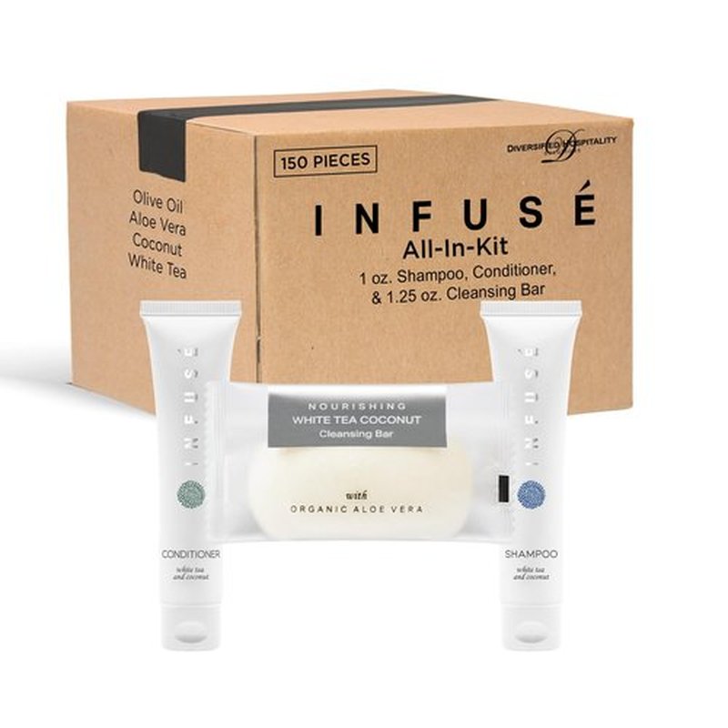 Infuse Hotel Soaps and Toiletries Bulk Set | 1-Shoppe All-In-Kit Amenities for Hotels & Airbnb | 1 oz Hotel Shampoo & Conditioner, 40 grams Bar Soap Travel Size | 150 Pieces
